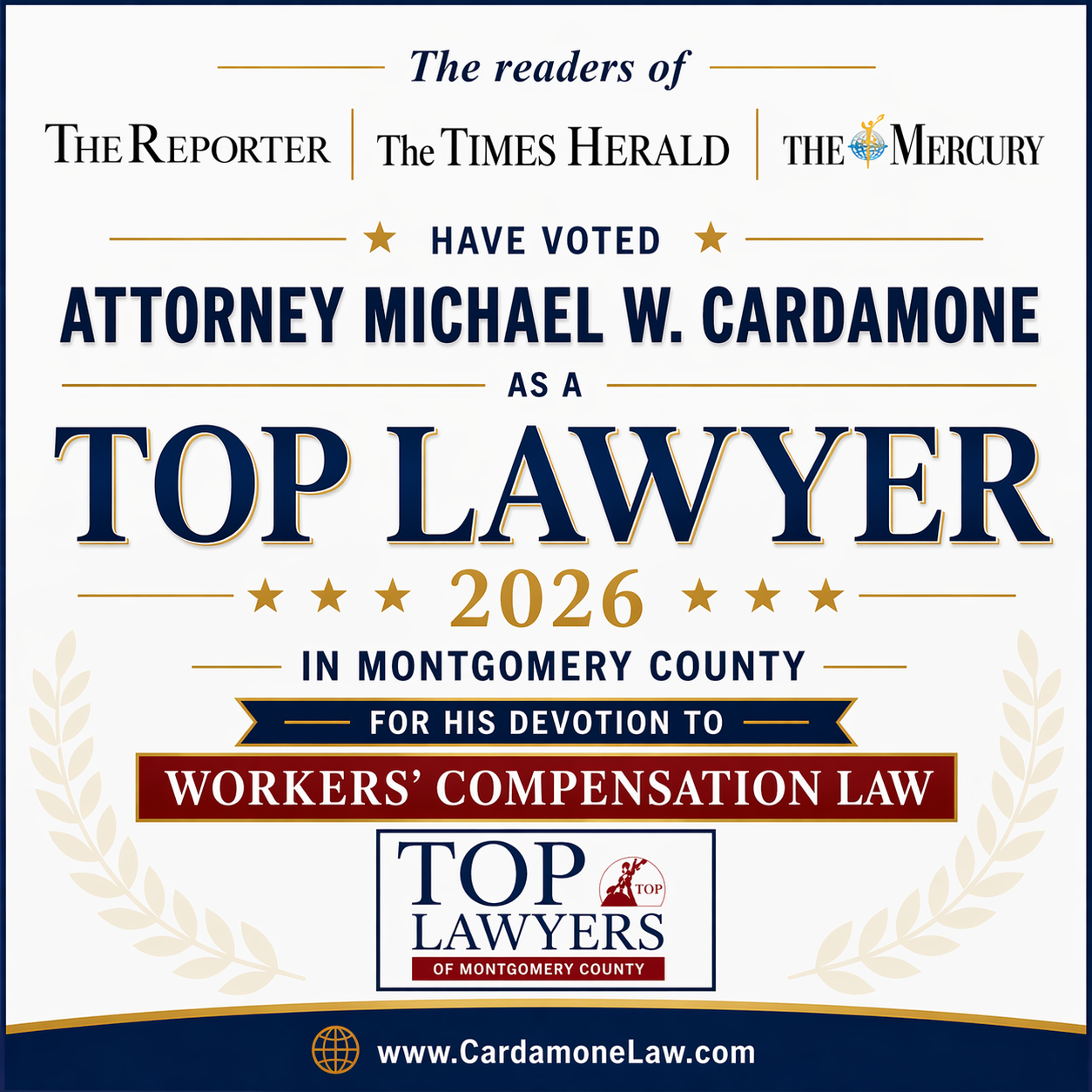 Attorney Michael Cardamone voted Top Lawyer 2026 in Montgomery County for Workers' Compensation Law by readers of The Reporter, The Times Herald, and The Mercury